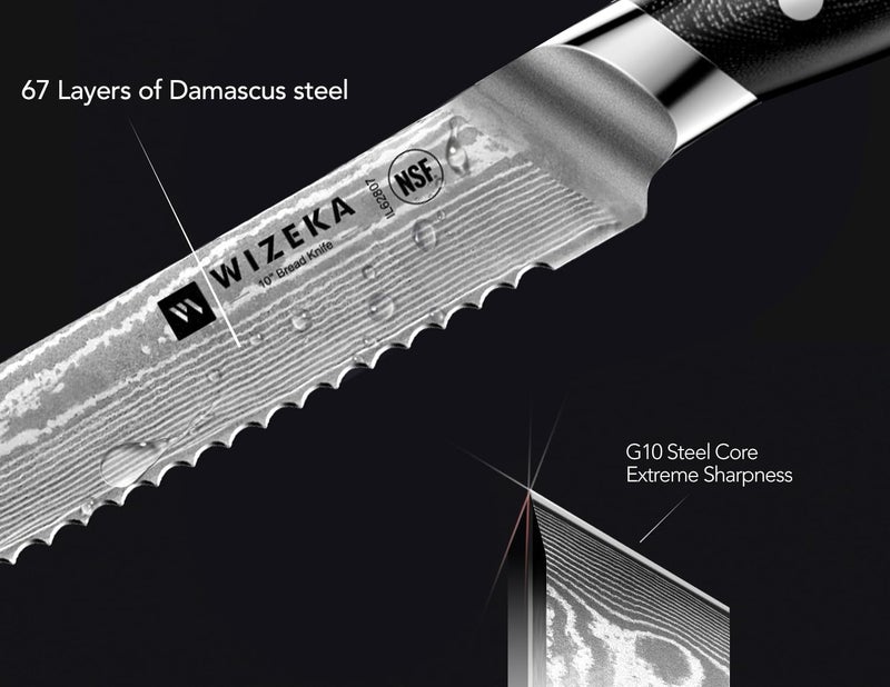 WIZEKA 10 inch Damascus Serrated Bread Knife for Homemade Bread: Razor Sharp VG10 Damascus Steel Multifunction Serrated Knife for Slicing Homemade Bread, Bagels, Cake - Image 3